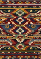 Vibrant tribal textile with striking geometric formations and captivating hues in earthy tones