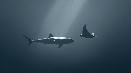 Majestic Shark and Manta Ray Swimming in Deep Ocean Light