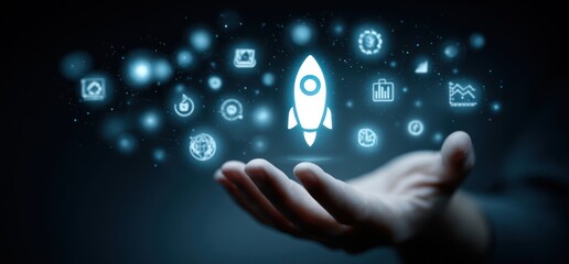 Hand holding a digital rocket launch, surrounded by glowing icons