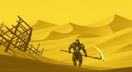A Solitary Figure in a Golden Desert Landscape A Grim Reaper Guardian Navigating Arid Dunes with a Scythe Amidst Ruined Structures and Endless Sands of Time