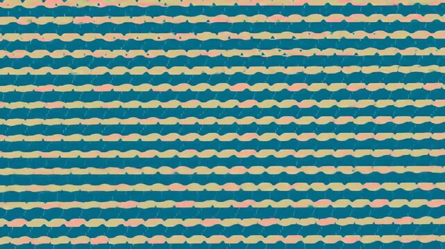 Horizontal wavy stripes in peach and beige alternate against a teal background with a subtle textured overlay.