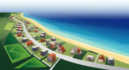 Aerial View of a Coastal Community: Modern Houses and Winding Roads along a Sunny Beach