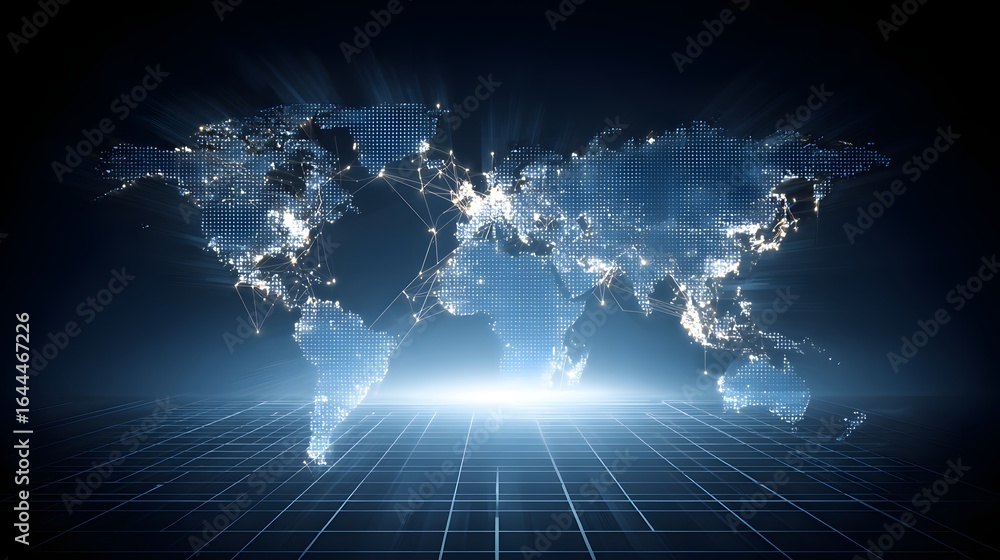 Poster global network map with digital world outline.