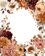 Autumnal Floral Frame With Pink Peach And Burgundy Flowers On Transparent Background, PNG