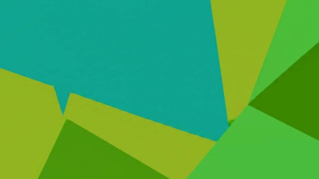 Overlapping green, teal, and chartreuse polygons create an abstract geometric design.