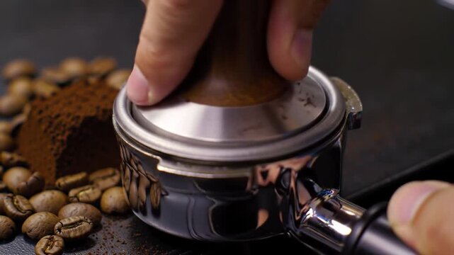 Closeup of barista tamping fresh coffee beans for espresso.