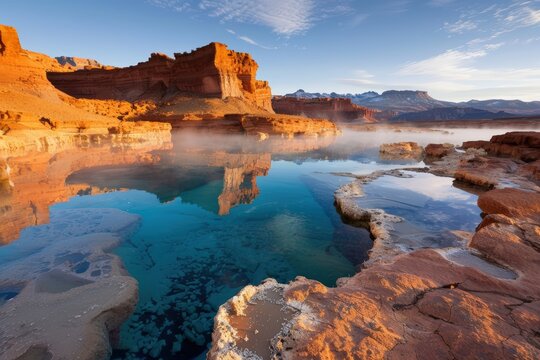 View of a river winding through a canyon with snow capped mountains in the background at sunset or sunrise