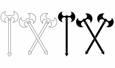 Set of vector illustration battle axe icons in outline and silhouette solid styles, single and crossed, ideal for medieval, weapon, fantasy, gaming, and historical vector design use.