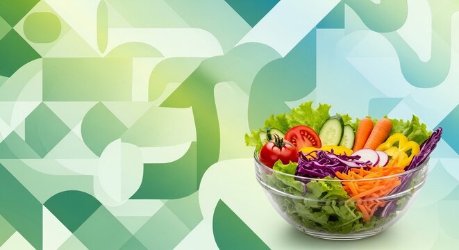 Vibrant and fresh mixed green salad with colorful vegetables in a clear glass bowl, set against a modern abstract geometric background, ideal for health and wellness concepts. - Powered by Adobe