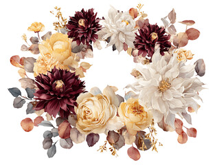 Autumnal Floral Wreath with Burgundy and Cream Flowers on Transparent Background, PNG