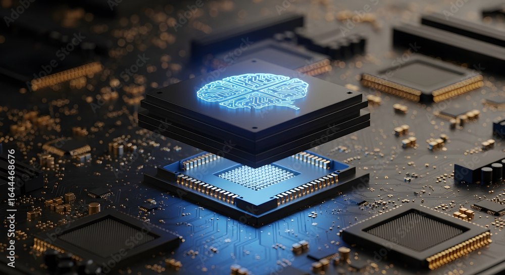 Poster experience the future of technology with a glowing ai brain symbol on a futuristic computer processo