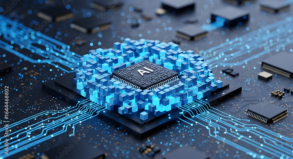 Aufkleber dynamic ai chip processing data with glowing blue circuit pathways on motherboard