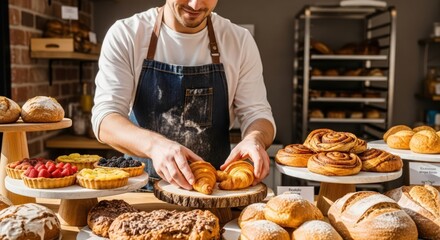 Baker arranging fresh pastries at bakery display, croissant, tarts, cinnamon rolls, breads