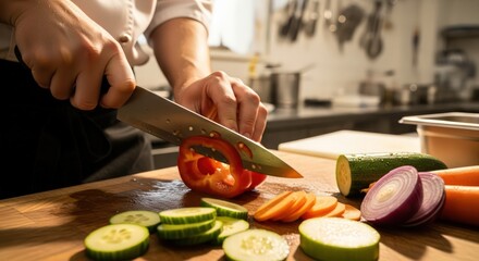 Chef preparing fresh vegetables on a wooden cutting board, close up shot