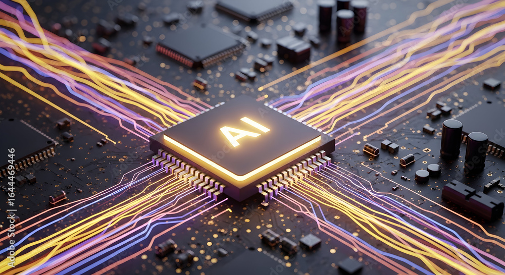 Poster ai processor powers vibrant data streams across futuristic circuit board, innovation visualized