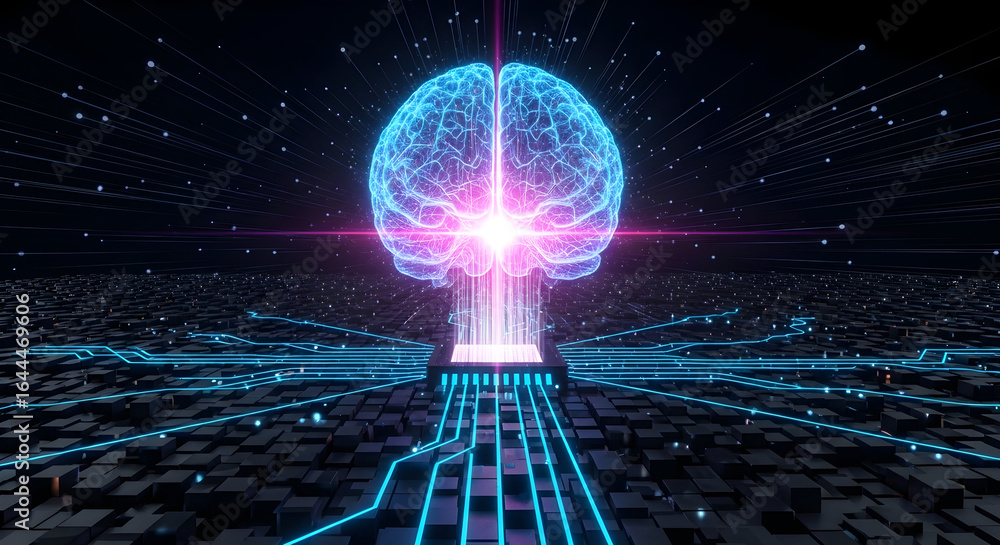 Poster futuristic ai brain processing data with glowing neural network and digital circuits