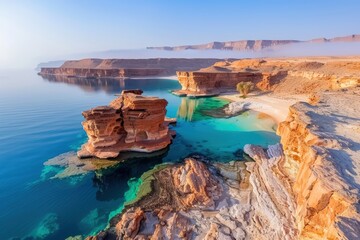 Naklejka premium Aerial view of iceland coastline with cliffs and ocean waves at sunset with a clear blue sky above