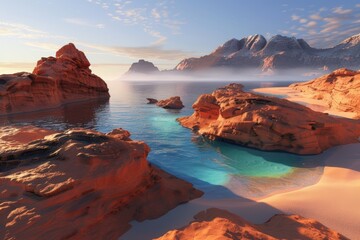 Snowy beach with rocky shoreline and cliffs under a cloudy sky in a winter landscape scene outdoors