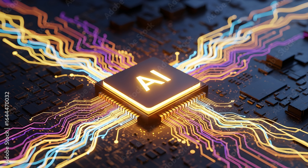 Poster illuminated ai chip powering vibrant data streams on a futuristic circuit board