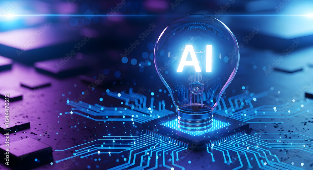 Poster illuminating ai concept with a glowing lightbulb on a futuristic circuit board
