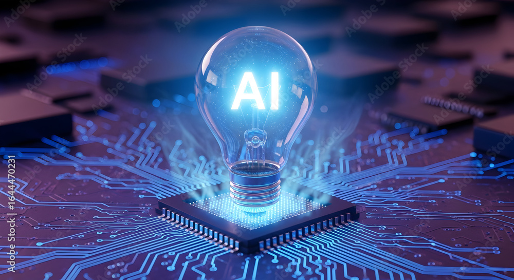 Poster ai, bright ai concept lightbulb illuminates futuristic circuit board with glowing data streams