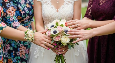 Bride with bridesmaids holding beautiful wedding bouquet together