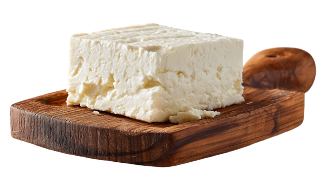 Block of White Feta Cheese on Rustic Wooden Board, PNG - Powered by Adobe