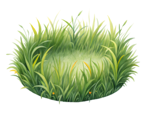 A lush green circular patch of freshly grown grass with a bright illuminated center isolated on transparent background