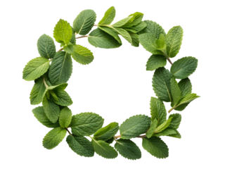 Fresh green mint leaves forming a circular wreath shape with a copy space in the center isolated on transparent background