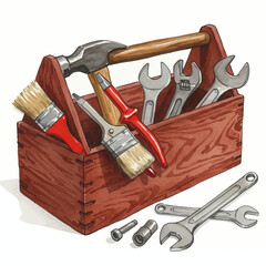 Hand-Drawn Toolbox Illustration Filled with Various Tools and Fasteners