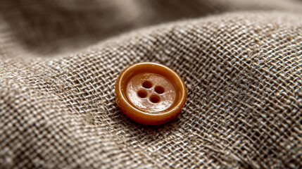 A small, orange button on a canvas of light brown fabric, captured through macro photography, viewed from above, in a flat lay arrangement