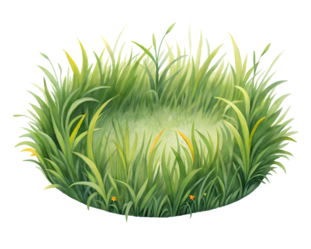 A lush green circular patch of freshly grown grass with a bright illuminated center isolated on transparent background