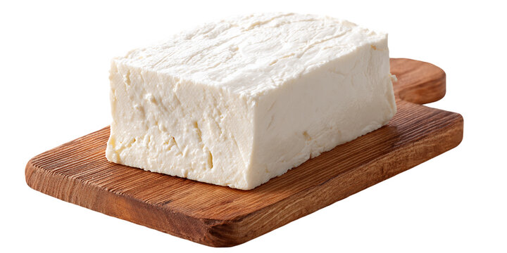 Block of White Feta Cheese on Wooden Cutting Board, PNG