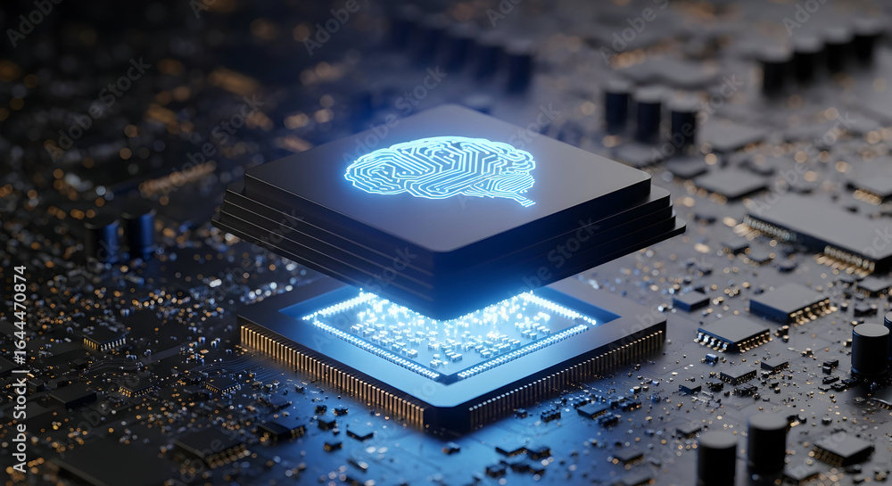 Poster experience the future of intelligence with a glowing blue ai brain symbol on a futuristic computer p