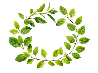 A delicate circular wreath formed from fresh green leaves and delicate branches on a black background isolated on transparent background