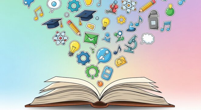 Open book unleashing a stream of educational and scientific icons against a colorful gradient background.
