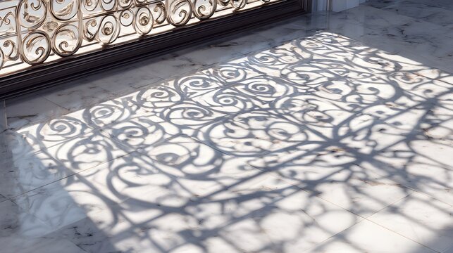 Sunlight casting ornate window grill shadow on marble floor