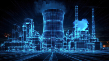 digital art rendering of the nuclear power plant with blue glowing accents