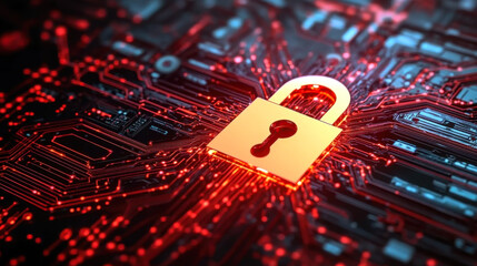 digital lock symbol set against a vibrant, circuit-like background