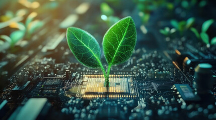 Green sprout on a computer chip. Organic digital background