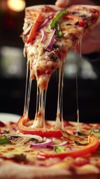 Hot pizza slice lifted with gooey cheese and tomato topping