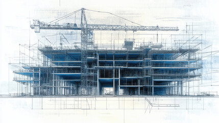 Architectural blueprint of a construction site with cranes and structural details