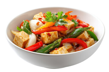 White bowl filled with stir fried tofu and colorful vegetables isolated on a transparent background food