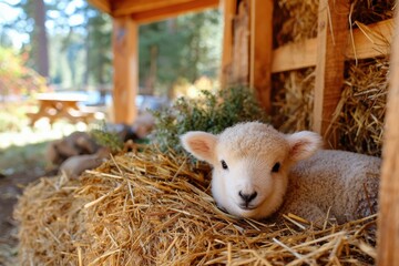 Adorable Young Lamb Resting on Hay in Rustic Farm Environment Surrounded by Nature and Greenery in a Peaceful Outdoor Setting