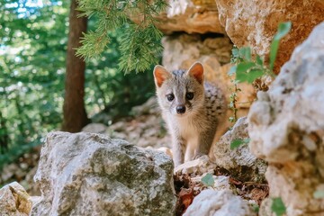 Obraz premium Adorable young wild mammal exploring rocky terrain in a lush green forest environment, showcasing curiosity and natural beauty in its habitat.