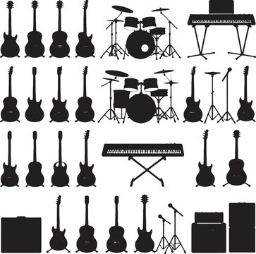 Silhouettes of musical instruments including guitars drums and keyboards vector illustration