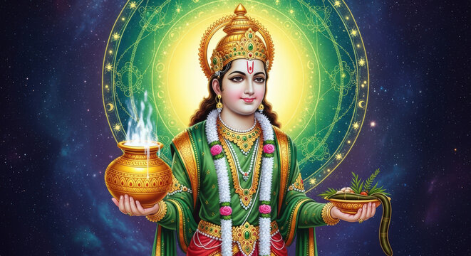 Kubera The Hindu Deity of Wealth and Prosperity A Depiction of the Divine Treasurer Holding Symbols of Abundance and Fortune in a Cosmic Setting