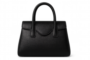 Elegant black leather handbag with curved handles, set against a transparent background, ideal for displaying sophistication and style