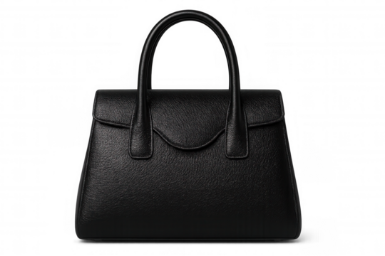 Elegant black leather handbag with curved handles, set against a transparent background, ideal for displaying sophistication and style