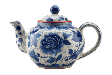 White ceramic teapot with blue floral pattern and red trim isolated on a transparent background image